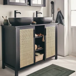 Meuble sous-vasque double en bois de cèdre et 2 portes en cannage - L120cm