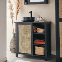 Meuble sous-vasque simple en bois de cèdre et 1 porte en cannage - L80cm