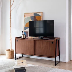 Meuble TV 2 portes en bois L120xl40xH65cm - bois foncé