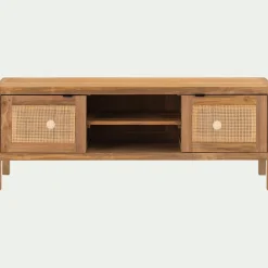 Meuble tv 2 portes en teck recyclé et cannage L150cm - bois clair
