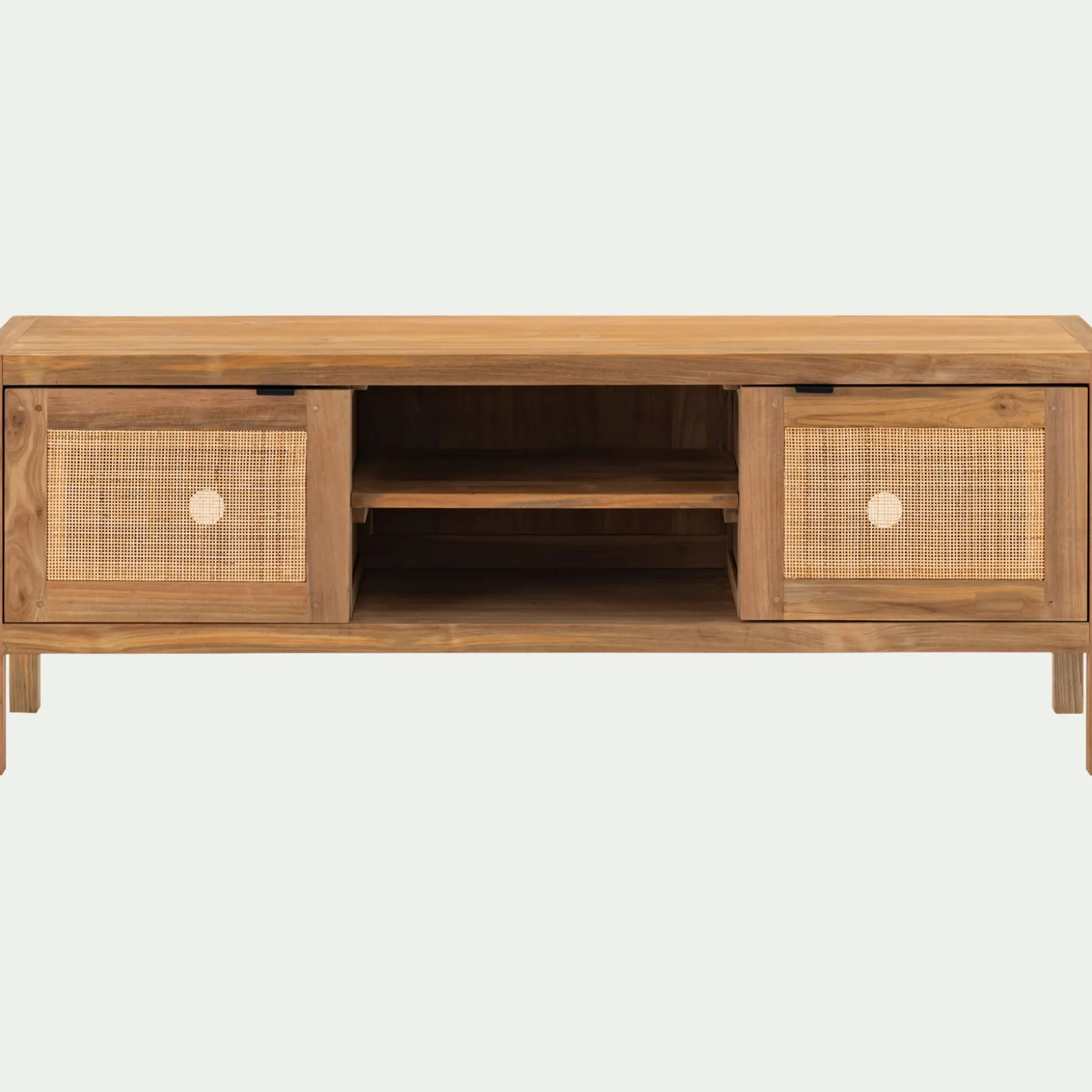 Meuble tv 2 portes en teck recyclé et cannage L150cm - bois clair