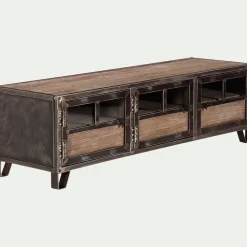 Meuble TV en pin, acier et verre - bois foncé L150xl45xH45cm