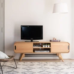 Meuble TV plaqué chêne avec piétement en métal - bois clair L165xH58cm