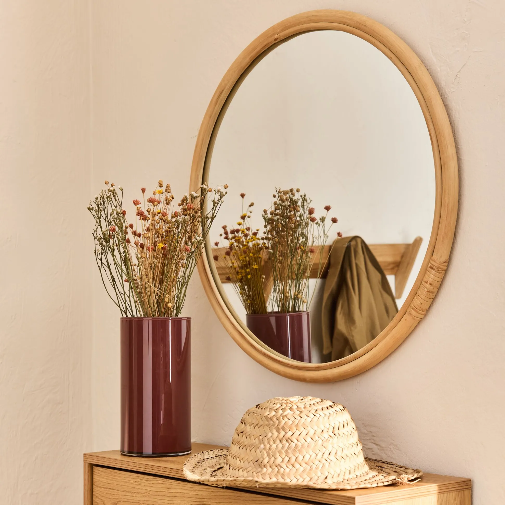 Miroir rond en rotin D60cm - naturel
