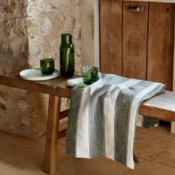 Nappe à rayures vertes en lin et coton 150x250cm - blanc