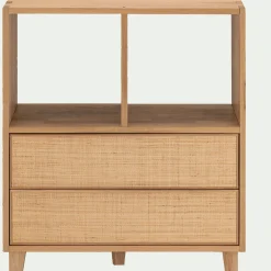 Petit buffet en bois de chêne avec 2 grands tiroirs en raphia - bois clair