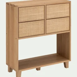 Petit buffet en bois de chêne avec 4 tiroirs en raphia - bois clair