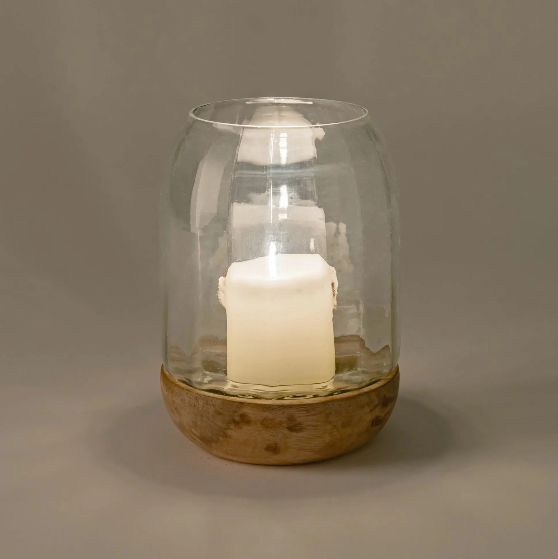 Photophore en verre et bois de manguier - transparent