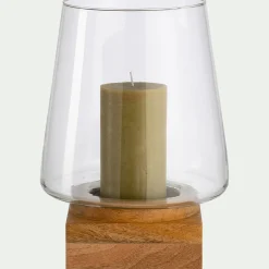 Photophore en verre et bois de manguier H30cm - naturel