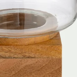 Photophore en verre et bois de manguier H30cm - naturel