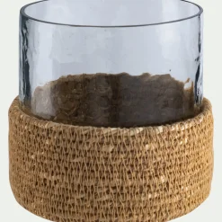 Photophore en verre et jonc de mer D11cm - naturel