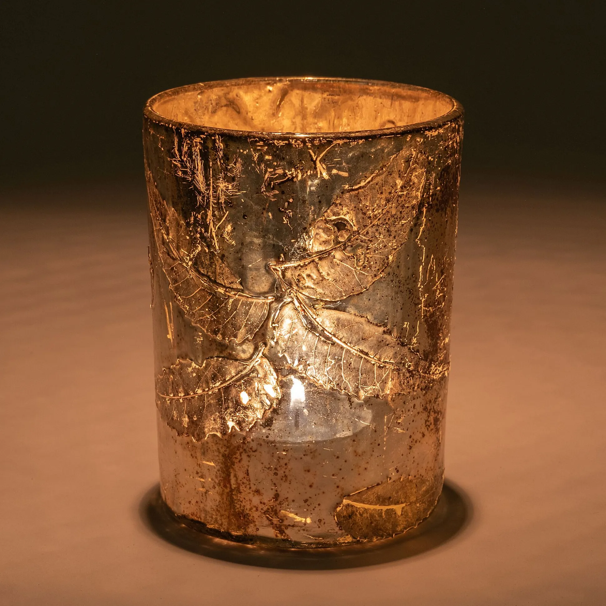 Photophore en verre motif houx D8xH10cm - doré