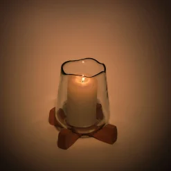 Photophore en verre sur pied en bois D17,5xH17,5cm - transparent