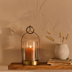 Photophore lanterne en verre et fer H25,4cm - doré