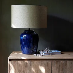 Pied de lampe électrifié en grès D27cm - bleu