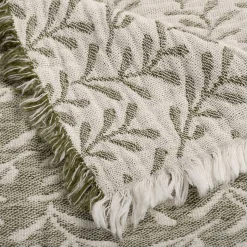 Plaid en coton motif feuilles finition franges 130x170cm - vert