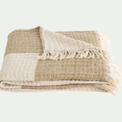 Plaid gaufré à carreaux en lin et coton 130x170cm - vert mousse