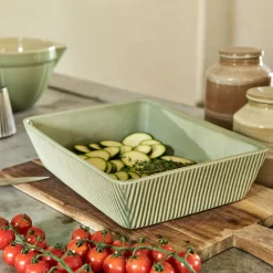 Plat à four individuel en grès strié L31cm - vert