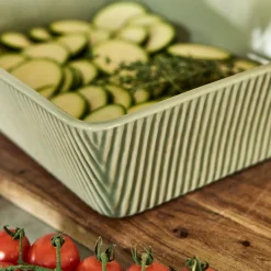 Plat à four individuel en grès strié L31cm - vert