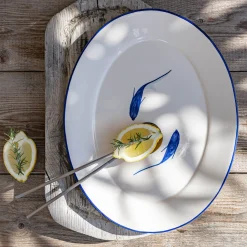 Plat de présentation ovale à motif poissons en faïence L40cm - blanc