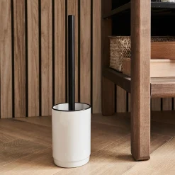 Porte-brosse et brosse WC en grès - blanc