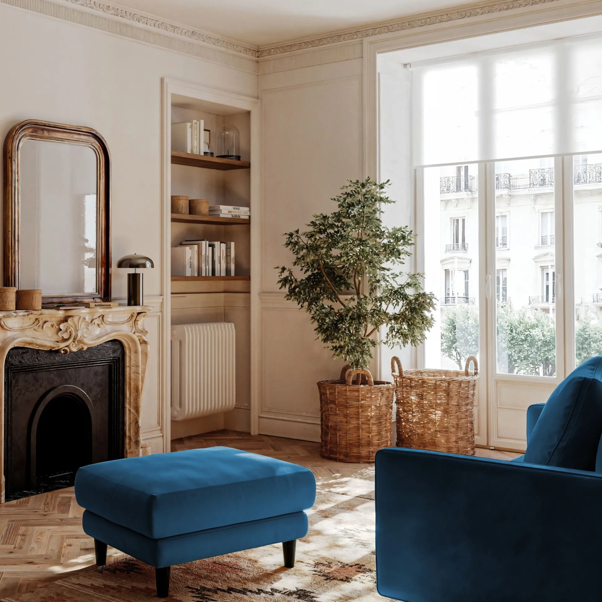 Pouf en tissu velvet - bleu foncé