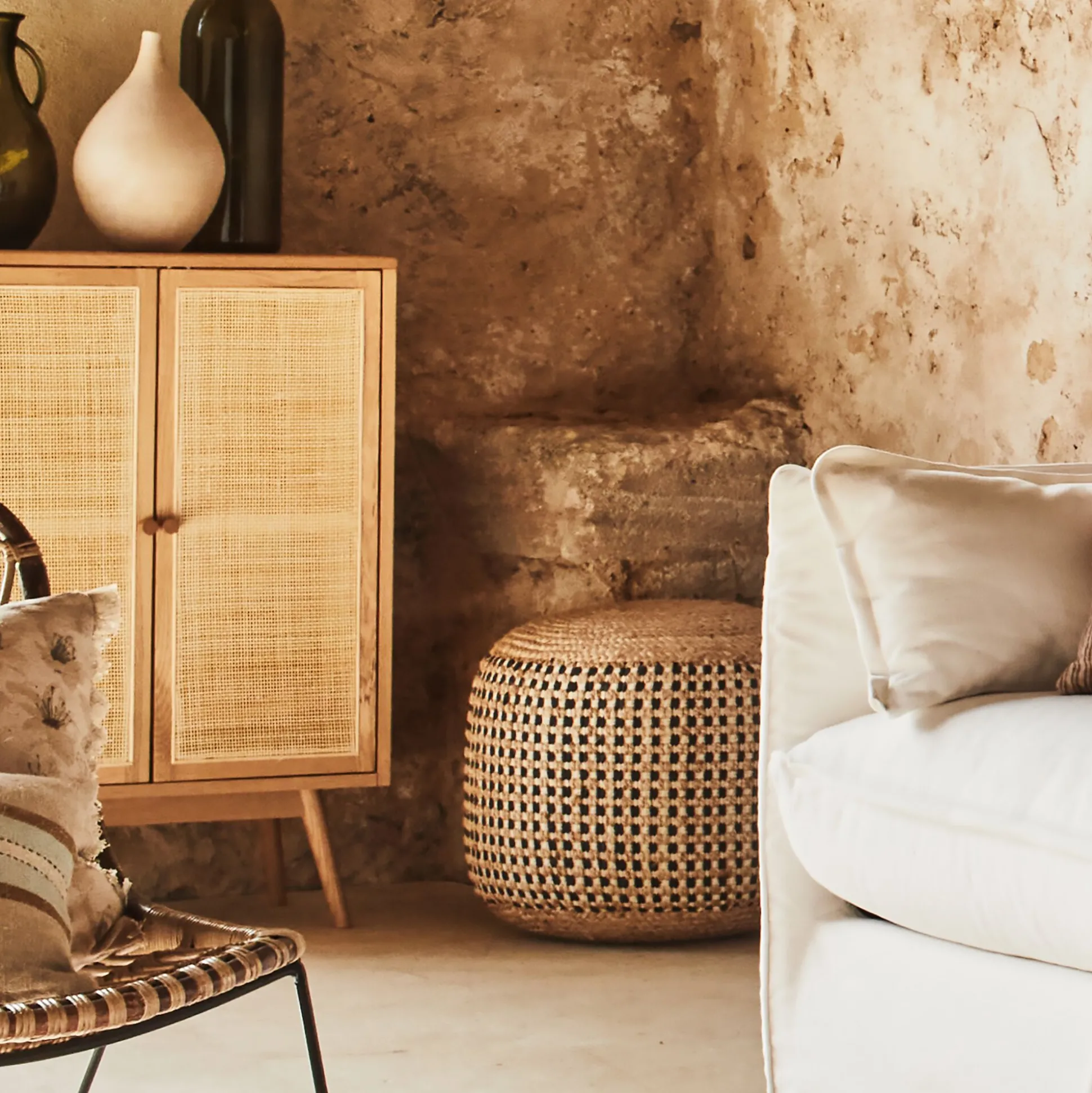 Pouf rond en jute et coton - noir D50xH45cm