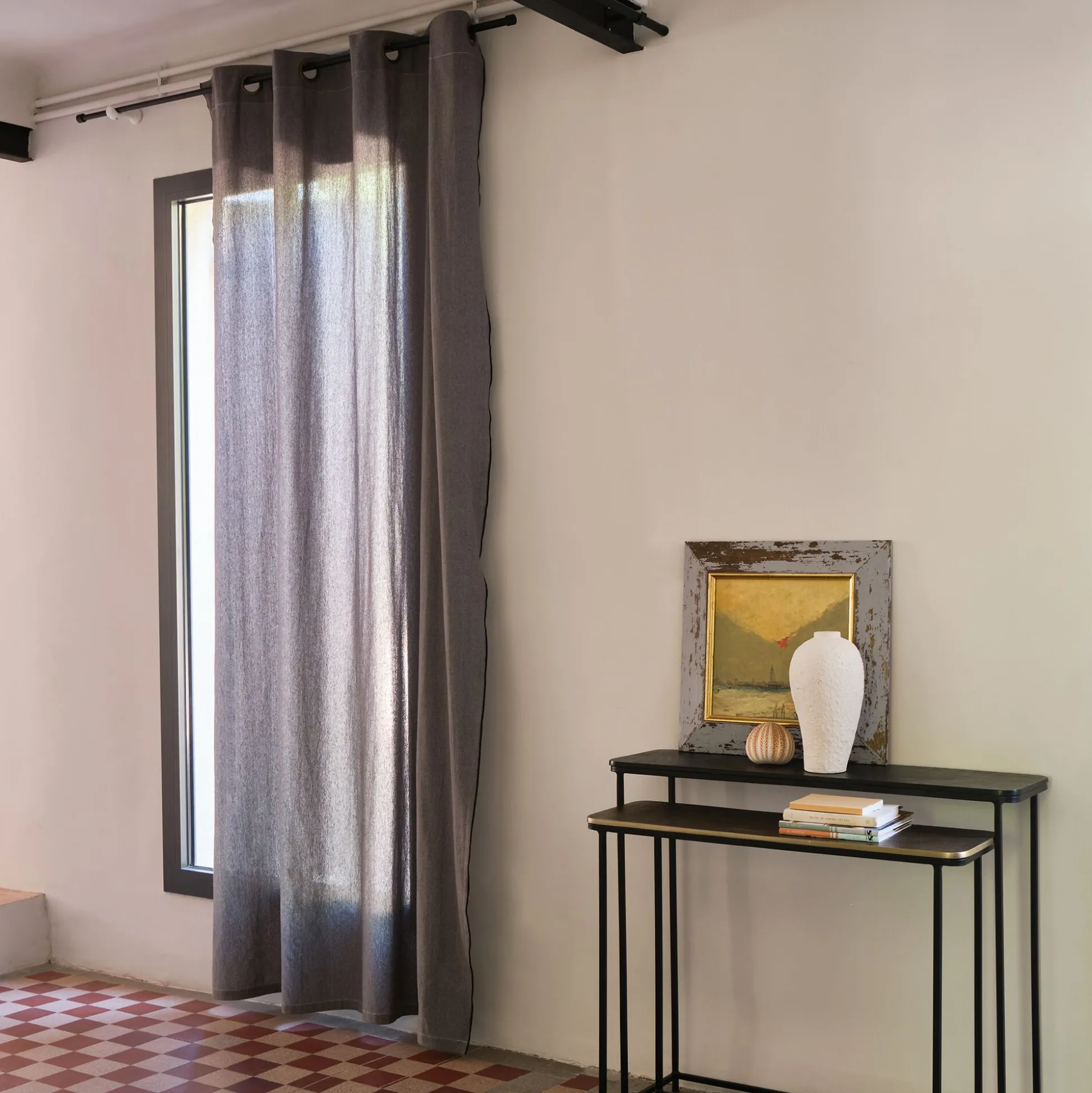 Rideau à œillets en coton finition liseré 140x250cm - gris ardoise