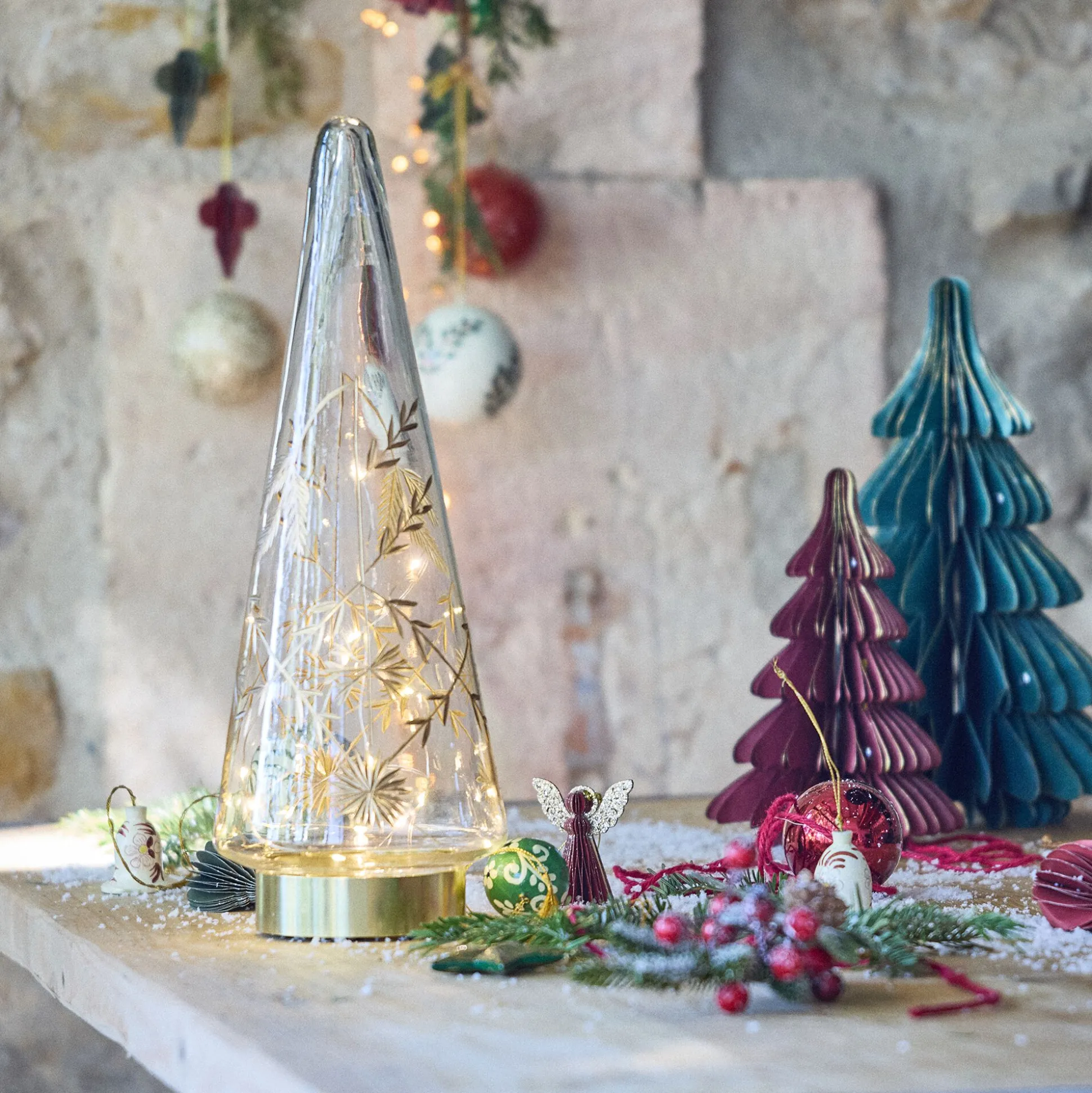 Sapin décoratif à poser lumineux en verre H35,5cm - transparent