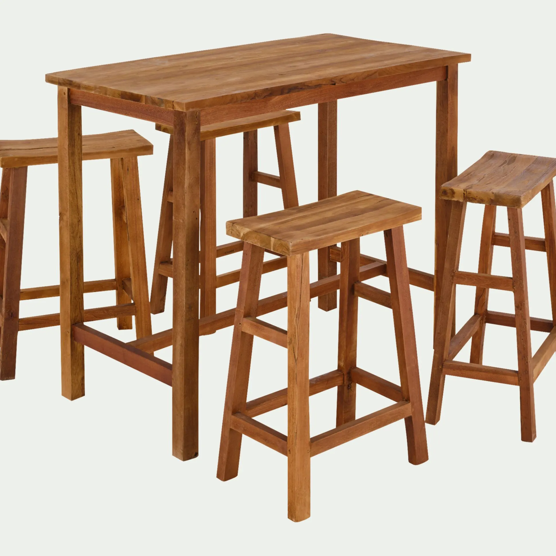 Set de repas 1 table haute et 4 tabourets en bois recyclé - bois clair (4 places)
