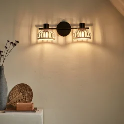 Spot double en acier et bambou - noir H15,6xL43,8cm