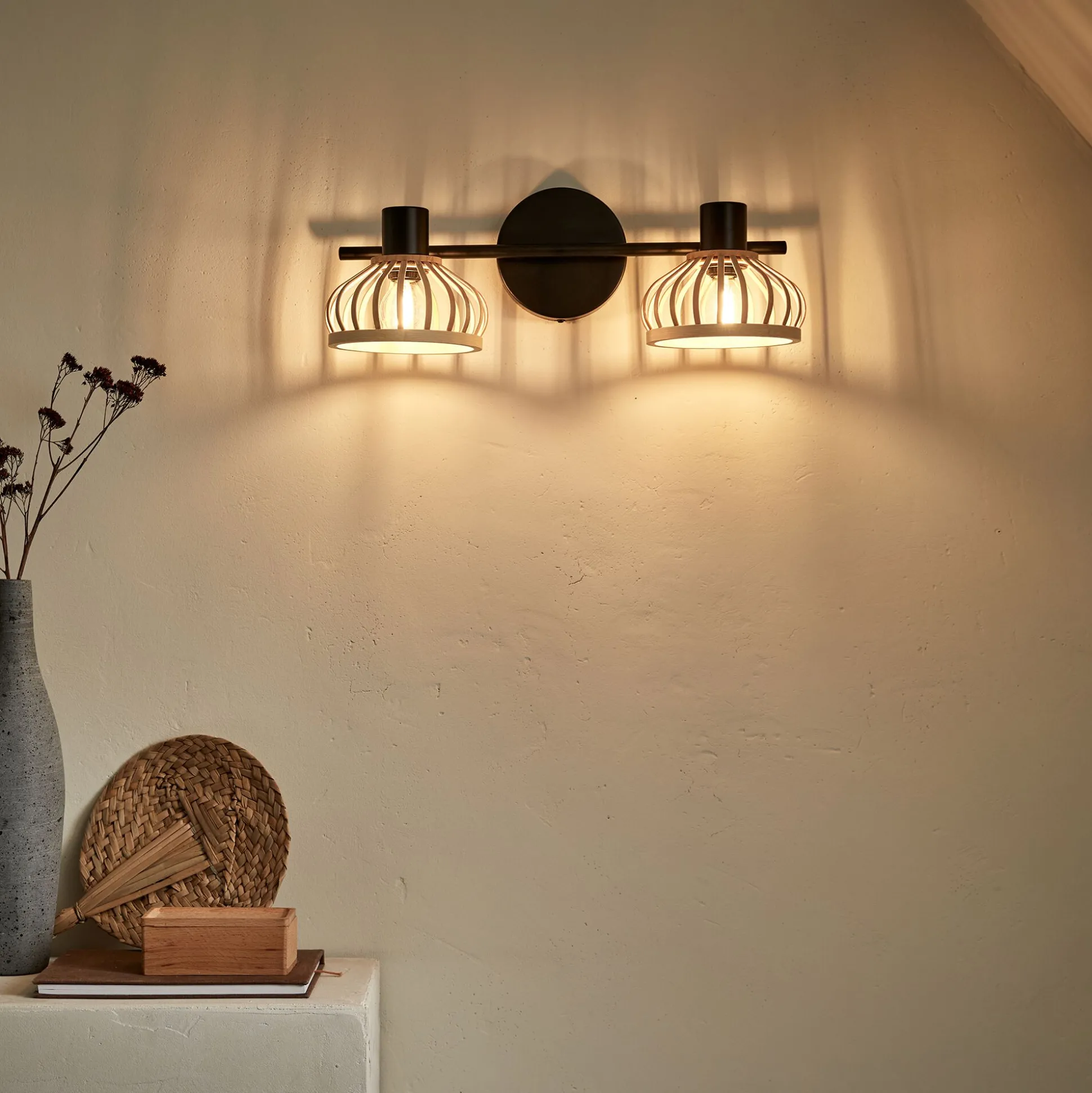 Spot double en acier et bambou - noir H15,6xL43,8cm