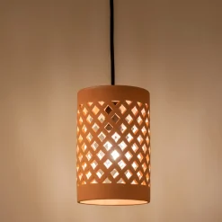 Suspension extérieure cylindrique ajourée en terre cuite - rose argile D15cm