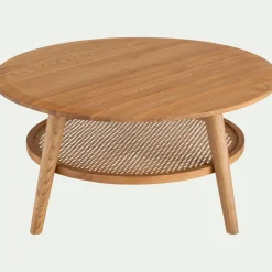 Table basse ronde en chêne et rotin D90cm - bois clair
