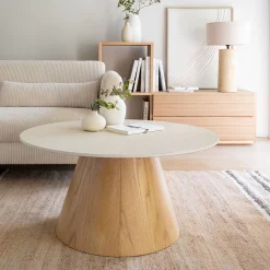Table basse ronde en céramique et bois D80cm - beige