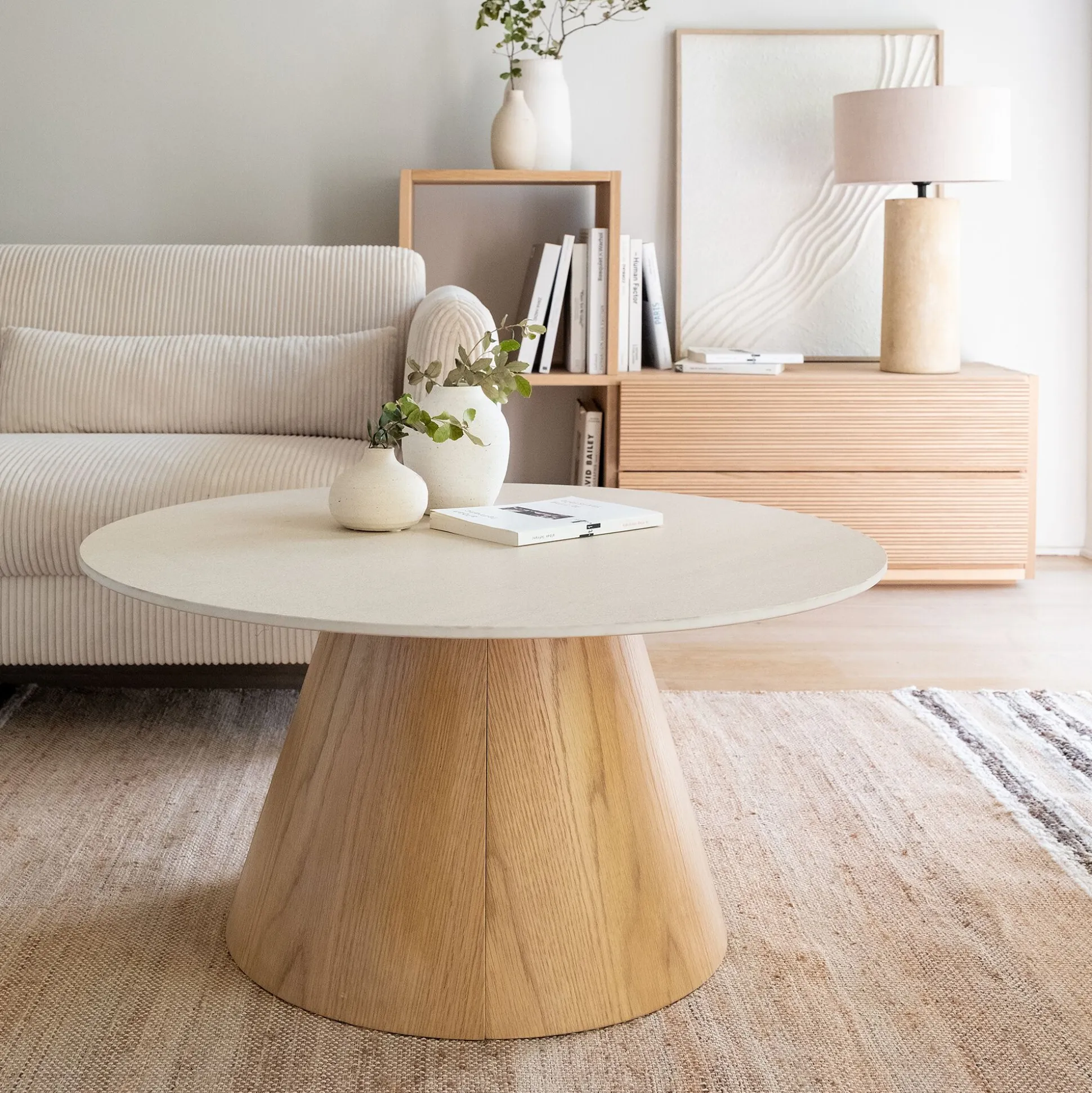 Table basse ronde en céramique et bois D80cm - beige