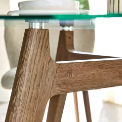 Table de repas ronde en verre trempé et chêne - bois clair (6 places)