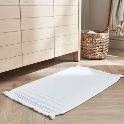 Tapis de bain en coton finition crochet et frangées 50x80cm - blanc