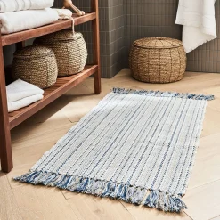 Tapis de bain frangé en coton 50x80cm - bleu