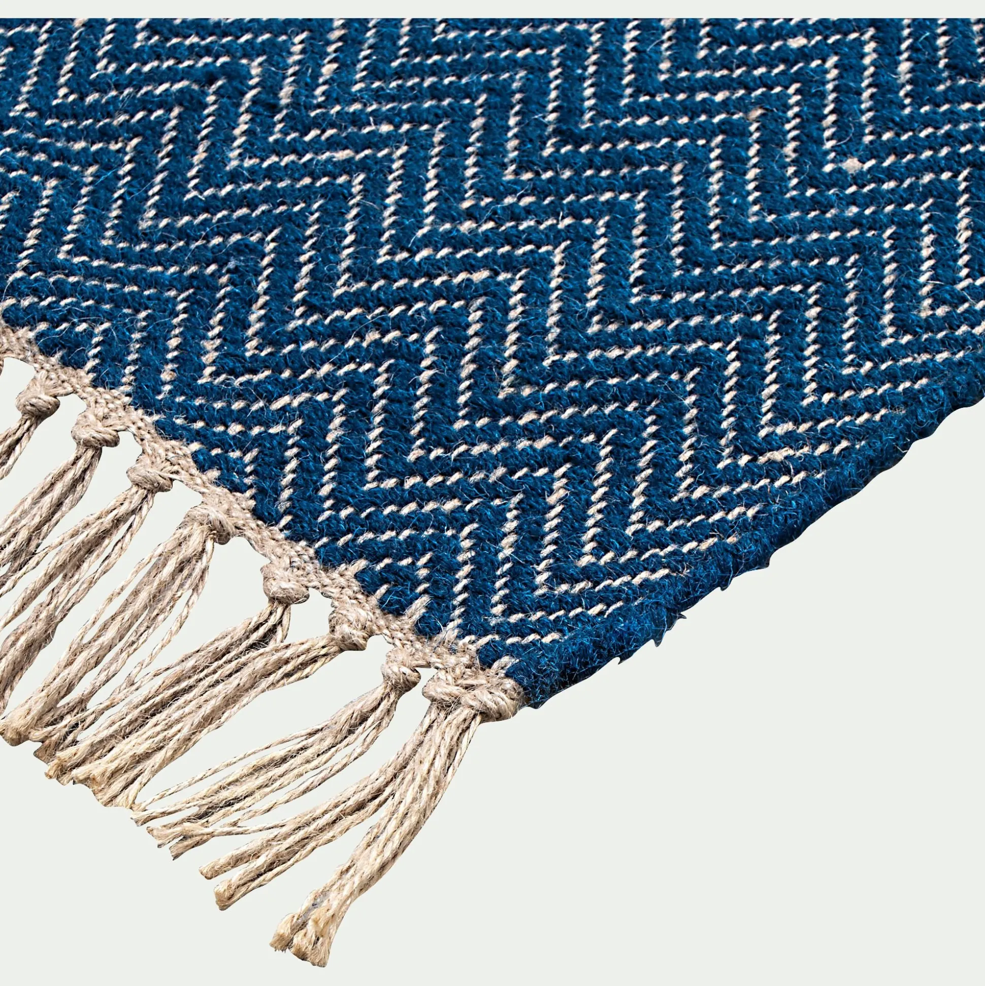 Tapis de couloir et laine et jute - bleu figuerolles 60x200cm