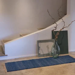 Tapis de couloir et laine et jute - bleu figuerolles 60x200cm