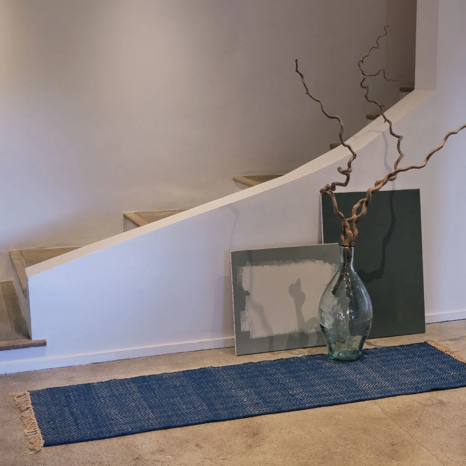 Tapis de couloir et laine et jute - bleu figuerolles 60x200cm