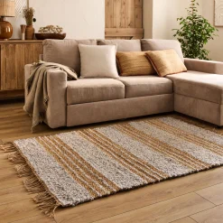 Tapis en jute rayé finition franges 160x230cm - gris