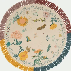 Tapis enfant en coton tissé plat imprimé motifs fleurs d120cm - multicolore