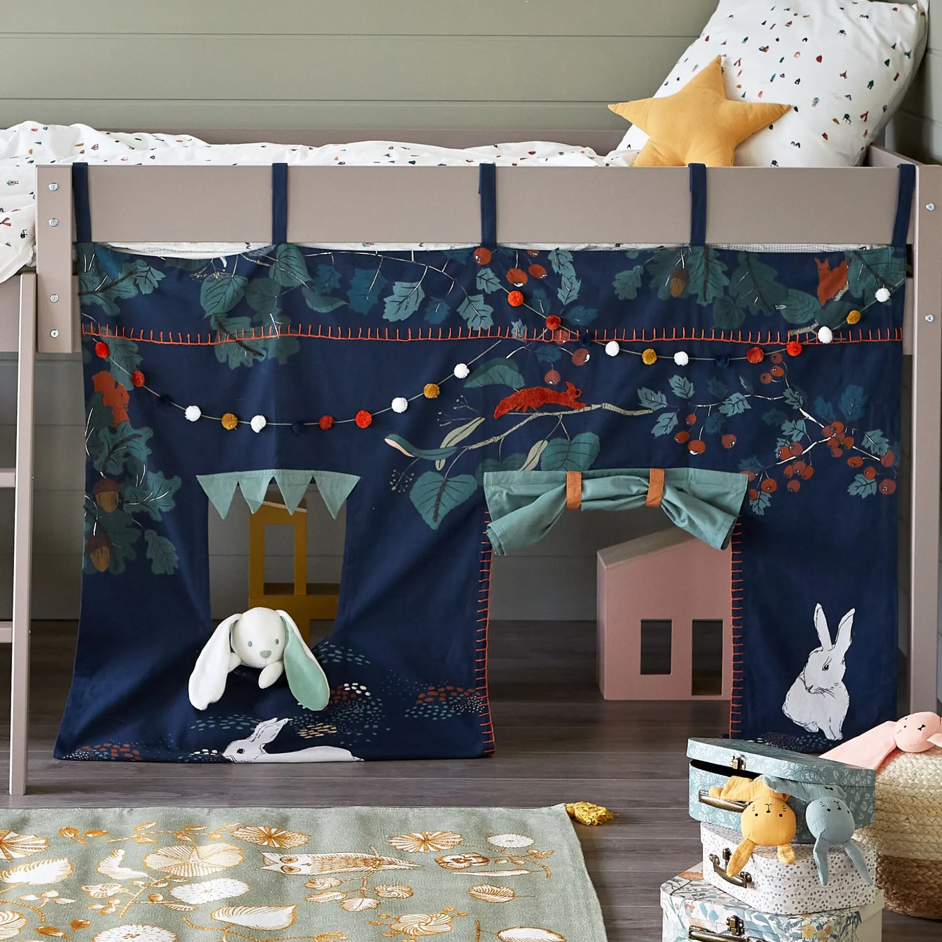 Tente de lit enfant à motifs sous-bois - bleu