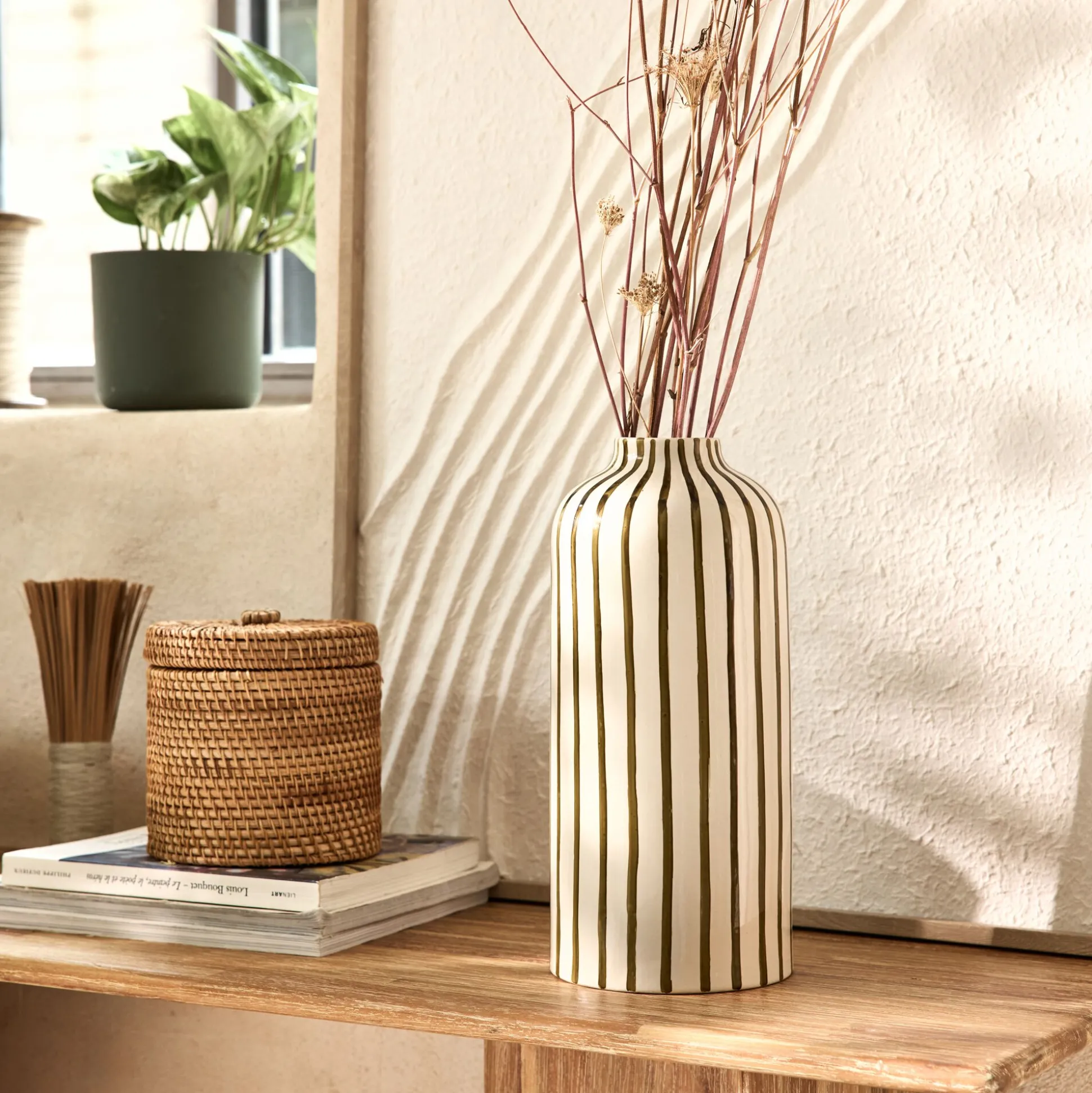 Vase à rayures en grès H30cm - vert