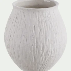 Vase boule en grès strié H10,5cm - blanc