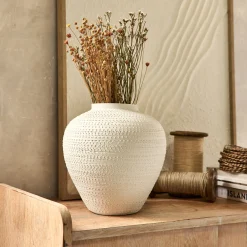 Vase boule texturé en grès D24xH26cm - blanc