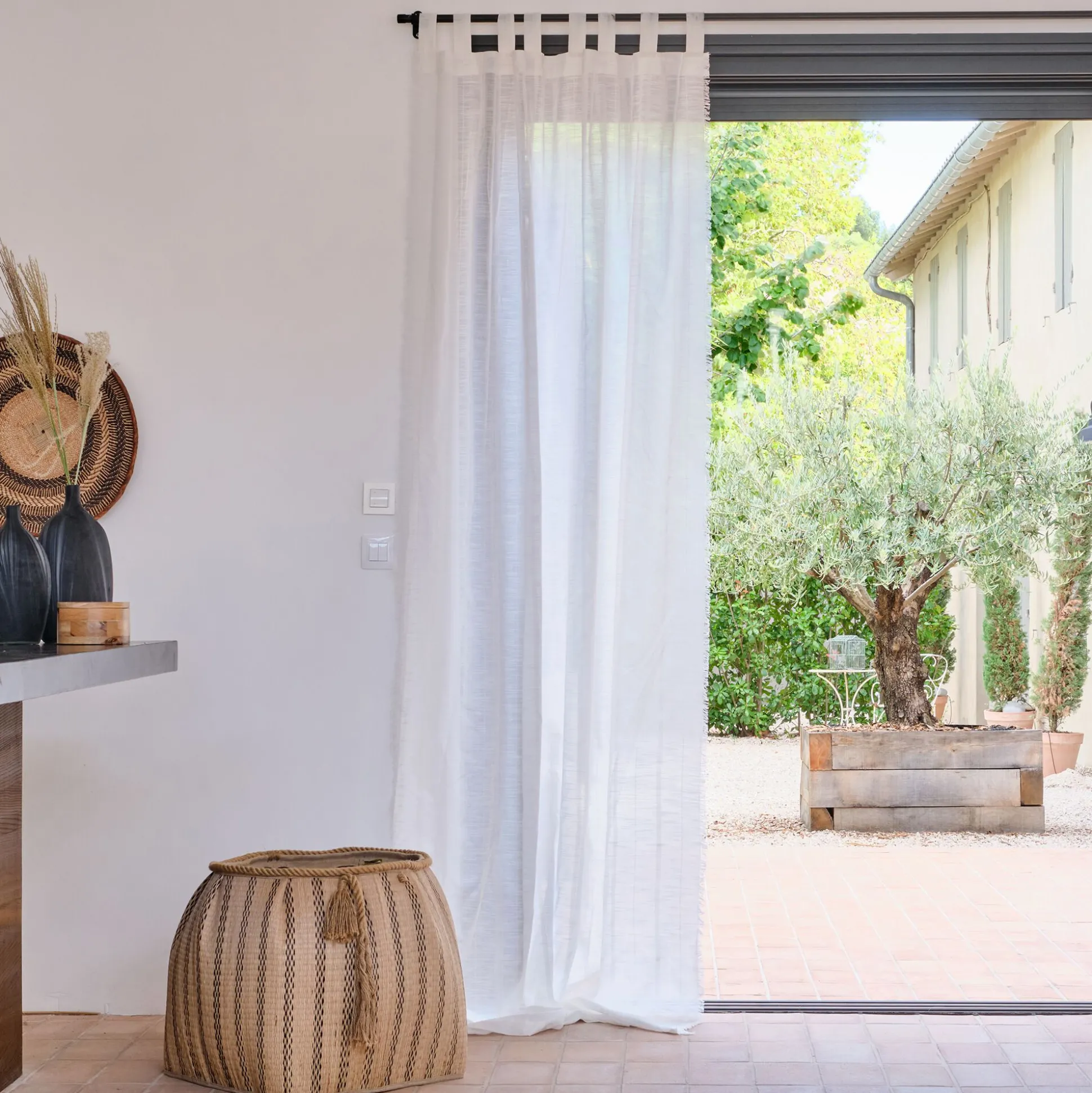 Voilage à passants en coton finition franges 140x280cm - blanc